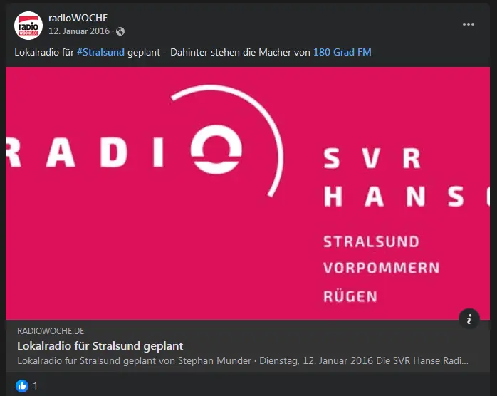 Facebook-Beitrag der radioWOCHE vom 12. Januar 2016: Lokalradio für Stralsund geplant
