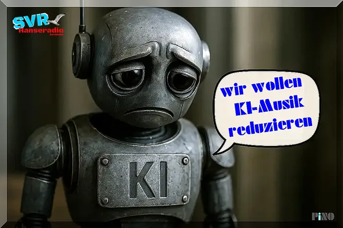 Grafik von PiNO: trauriger Roboter mit der Aufschrift KI und der Sprechblase „wir wollen KI-Musik reduzieren“